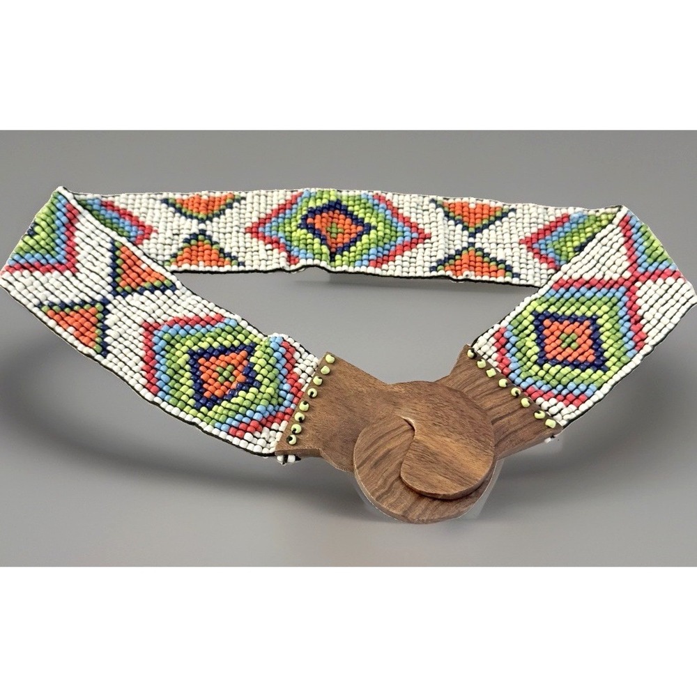 VTG Belt Beaded Eclectic Southwest MCM Wood Clasp Womens M Stretch Western Boho